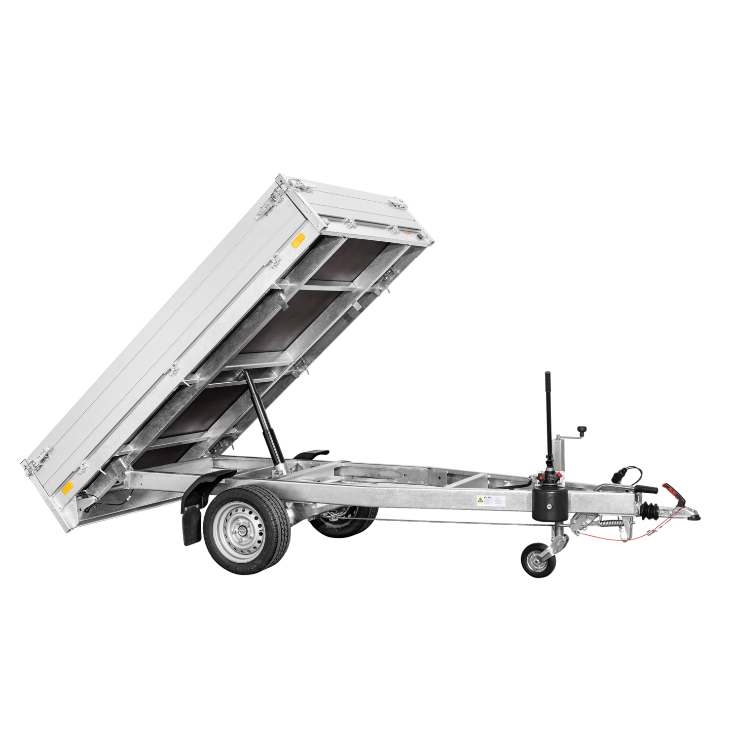 1,5to. SARIS Rückwärtskipper | Kasteninnenmaße 256x1,50x0,30m | Hand Pumpe Seienansicht gekippt