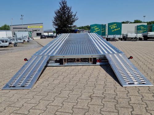 3,5to. LORRIES Autotransporter | Ladefl. 5,52x2,16m, Auffahrwinkel 7,5°/9° | Universal Kippbar PL30-5521 + PL35-5521 Rampen gekippt Anhänger Lehwald Verkauf Marl