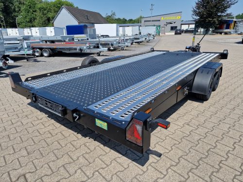 2,7to. LORRIES Autotransporter Tieflader | ALU Rahmen , Auffahrwinkel nur 5,5° | 450x200cm PLAXX27-4520 Heckansicht Anhänger Lehwald Marl Verkauf