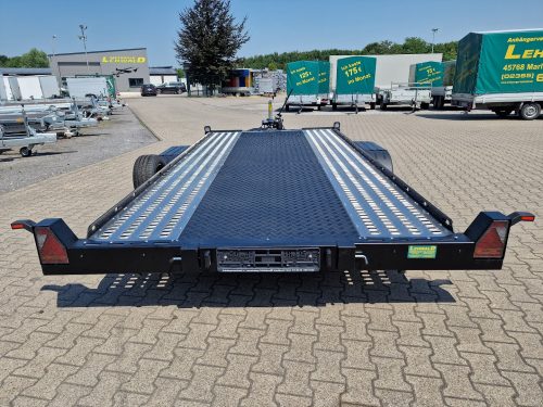 2,7to. LORRIES Autotransporter Tieflader | ALU Rahmen , Auffahrwinkel nur 5,5° | 450x200cm PLAXX27-4520 Heckansicht Anhänger Lehwald Marl Verkauf