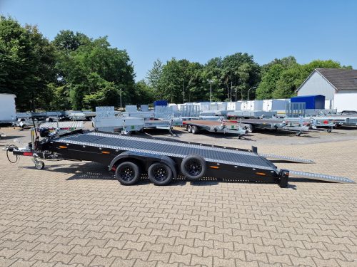 2,7to. LORRIES Autotransporter Tieflader | ALU Rahmen , Auffahrwinkel nur 5,5° | 450x200cm PLAXX27-4520 seitlich gekippt Anhänger Lehwald Marl Verkauf
