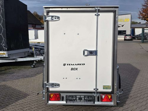 750kg kippbarer Kofferanhänger | Kasteninnenmaße 2,23x1,28x1,47m | inkl. Rampen, Hersteller: Temared Heckansicht