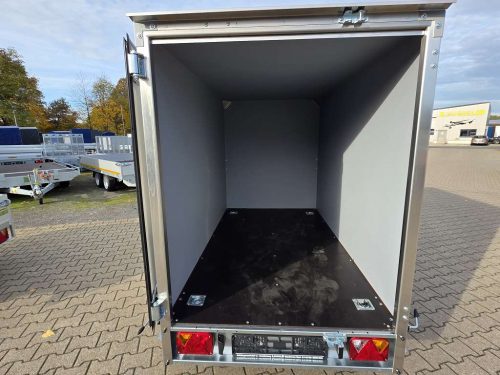 750kg kippbarer Kofferanhänger | Kasteninnenmaße 2,23x1,28x1,47m | inkl. Rampen, Hersteller: Temared Heck geöffnet Anhänger Lehwald Marl Verkauf